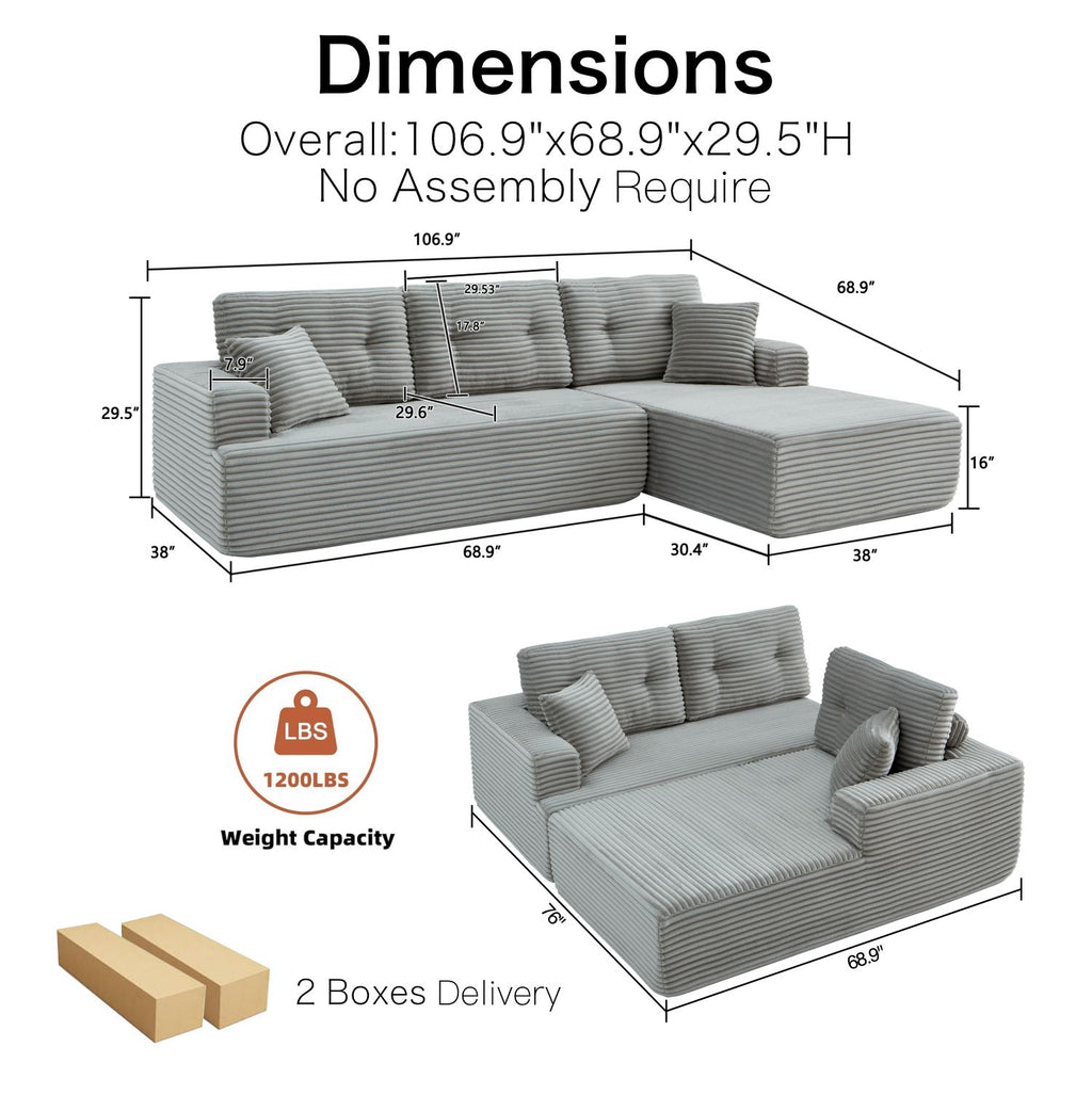 Boneless Couch | Compressed Sofa 107" | Cuddle711 - Vacuum Packed - Assembly Free