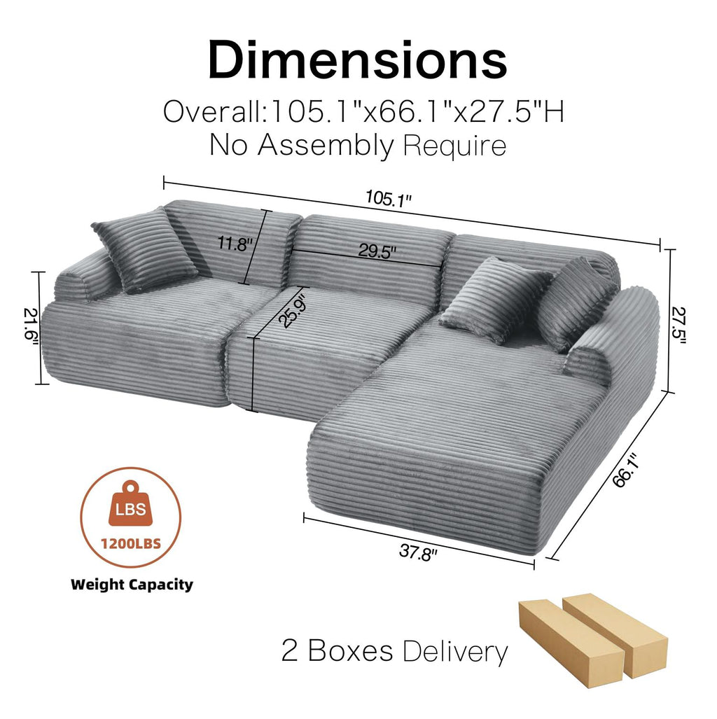 Boneless Couch | Compressed Sofa 105" | Gather983 - Vacuum Packed - Assembly Free